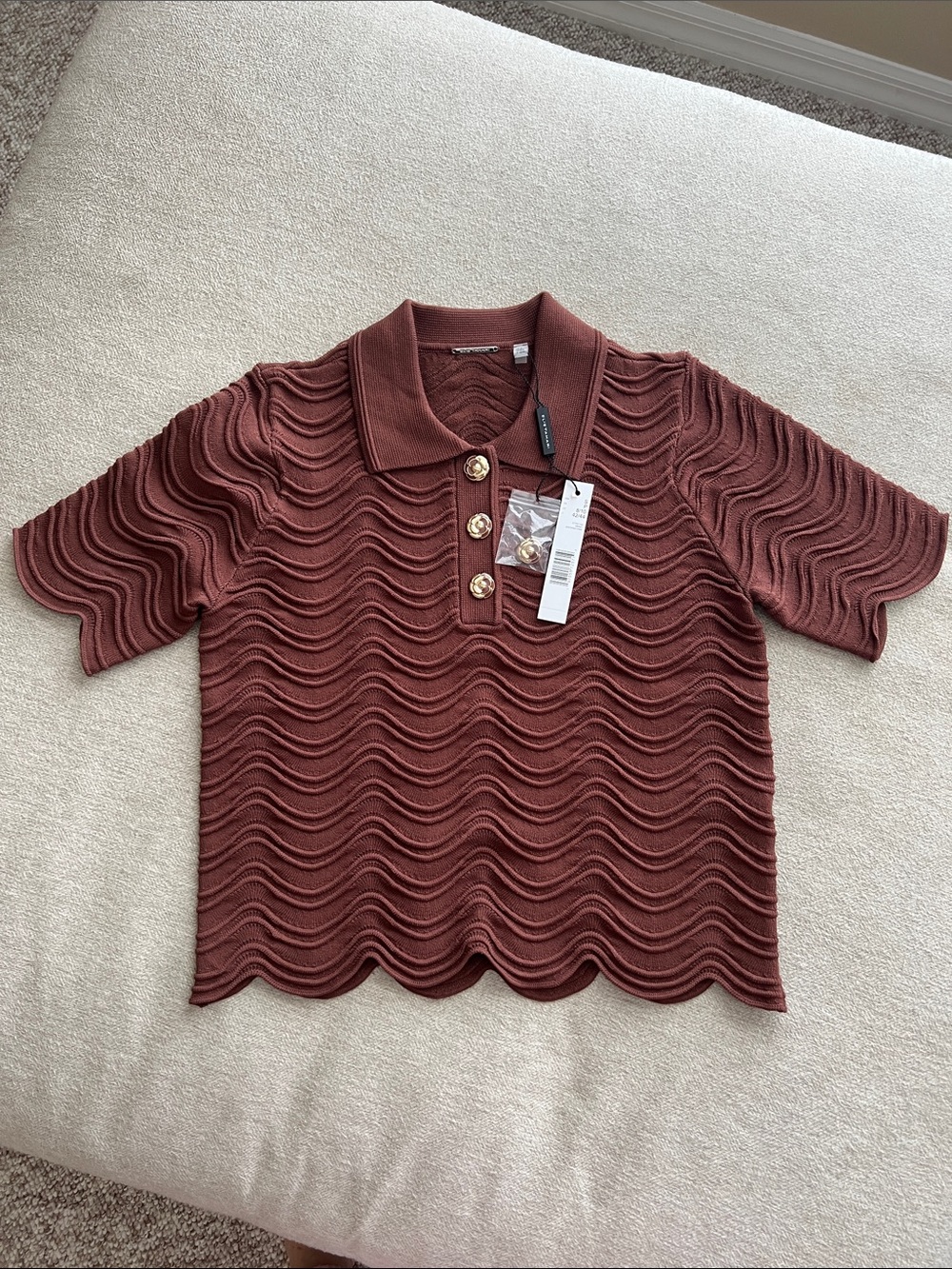Elie Tahari Brownstone Wave-Textured Polo Tee with Gold Buttons